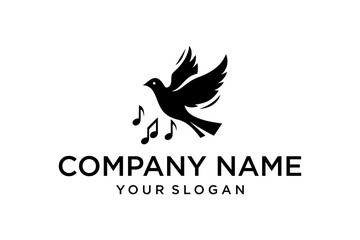 Elegant Black Silhouette Flying Bird Logo Design with Musical Notes Symbol