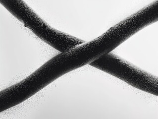 Close-up of two intersecting black glass branches with fine dust, monochrome hyper-realistic still life on white background for surreal art, abstract design, or cinematic texture.