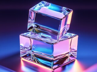 Stack of three transparent crystal cubes with varying shades and reflections against illuminated blue background, highlighting sharp edges and geometric beauty for creative or product display themes.