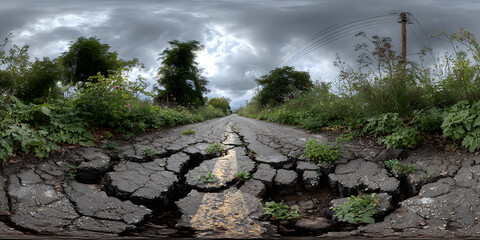 Rural asphalt road with collapse and segregation from non-standard construction, highlighting infrastructure safety concerns