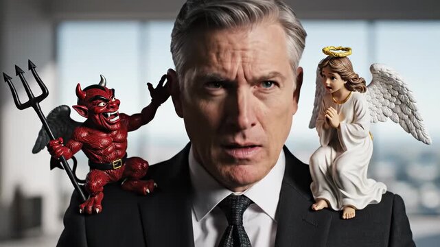 A man contemplates decisions as angel and devil figures appear on his shoulders. the internal struggle between good and evil highlights ethical decisionmaking.
