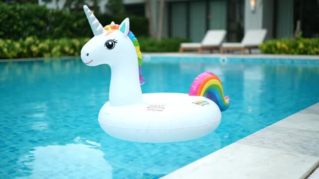 White Unicorn Inflatable Pool Float With Rainbow Mane Floating In Bright Blue Swimming Pool With Green Lush Foliage And Lounge Chairs In The Background On A Sunny Day