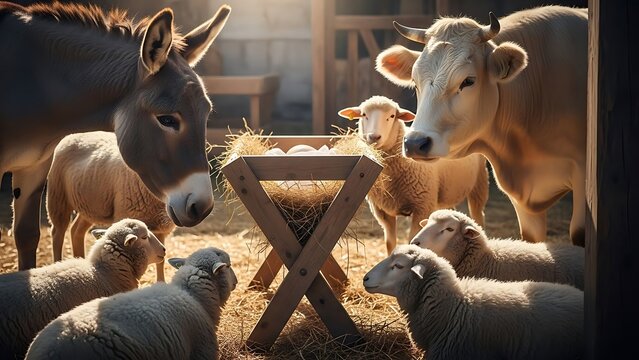 Heartwarming Christmas Nativity Scene with Farm Animals Gathered Around the Manger in Rustic Barn Setting for Festive Holiday Celebration