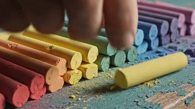 A vibrant, close-up shot captures an array of colorful chalk sticks neatly arranged in rows on a weathered wooden surface. The chalk displays a beautiful spectrum of hues, ranging from warm reds and o