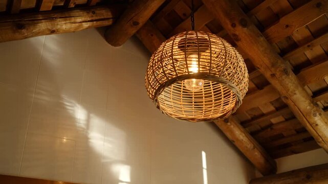 A warm and inviting light fixture suspended from a rustic wooden ceiling, casting soft shadows