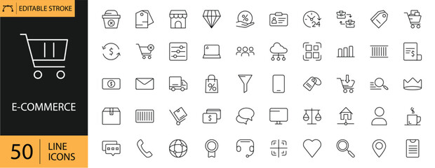 E-commerce icons set. Includes symbols of online shopping, carts, payments, delivery, storefronts, discounts, and digital transactions. Editable stroke. Vector illustration. Outline icons.