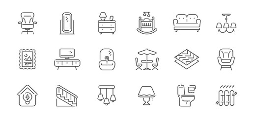 Furniture line icons collection. Interior items concept. Appliances, decoration set of outline symbols or signs