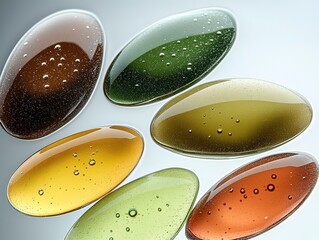 Abstract close-up of floating oval glass petals in green, brown, and yellow with water droplets on grey background, artistic and serene for creative projects, backgrounds, or decorative designs.
