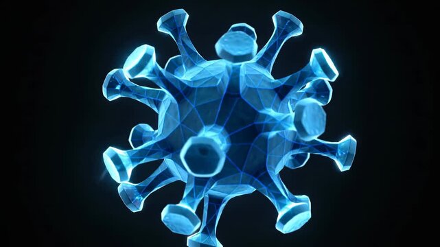 3D visualization of a blue, geometric virus structure with glowing features against a dark background
