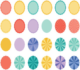 Set of colorful geometric scalloped circles with varied patterns.