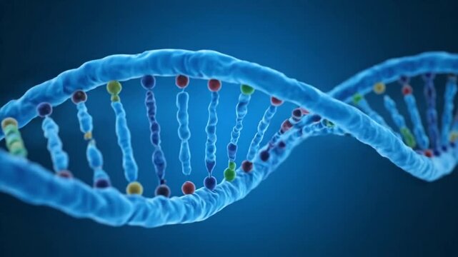 Abstract 3D Rendered DNA Double Helix Structure with Colorful Nucleobases on a Dark Blue Gradient Background Scientific Medical Biotechnology Research Concept