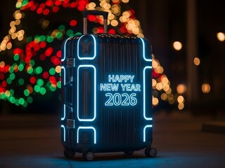 Neon illuminated luggage with 'HAPPY NEW YEAR 2026' text, set against blurred festive lights, symbolizing travel and new celebrations