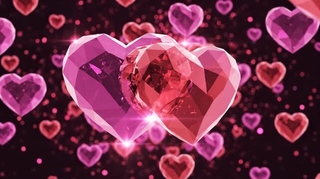 Seamless looping abstract motion background featuring three-dimensional geometric pink and red hearts dynamically pulsating and merging romantic, graphic, textureless