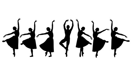 Silhouettes of ballet dancers in various graceful poses on a white background © Sakib