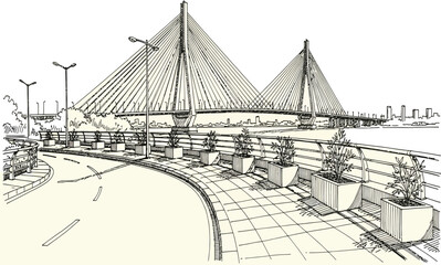 Hand-drawn sketch of calcutta, india's iconic vidyasagar setu bridge.