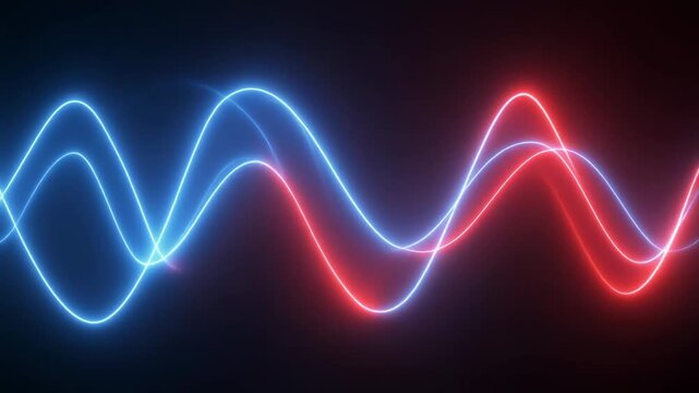 Abstract glowing neon sine waves in contrasting red and blue colors oscillating across a dark background representing sound data energy or frequency.