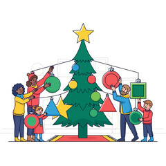 Joyful mother, father, and child hang oversized geometric stars, bells, and balls on a symmetrical pine tree in this clean, minimalist living room flat 2D vector illustration.