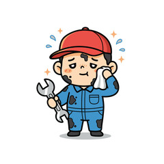 Fototapeta premium Cartoon mechanic wiping sweat with a wrench, covered in grease.