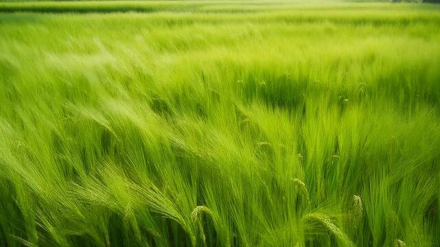 Lush green field of young barley swaying in the wind agriculture and nature background