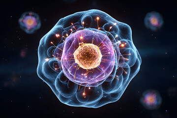 A stunning microscopic visualization in biology and science, this image reveals a glowing human cell with a vibrant nucleus and a network of energy signals.