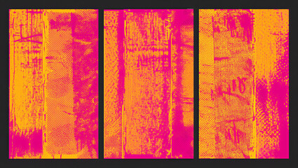 Vibrant abstract grunge texture triptych with pink and orange tones for dynamic backgrounds or striking modern art projects, creating an edgy urban vibe