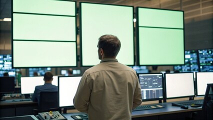Control room technician monitoring multiple displays in a high-tech environment for efficient workflow