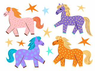 Cute cartoon horses with stars and playful patterns