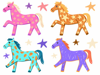 Four whimsical cartoon horses with stars and patterns in bright colors