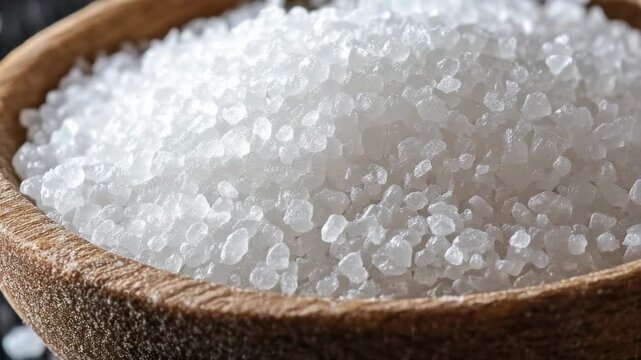 Video A close-up shot of a wooden bowl filled with white sugar on a table