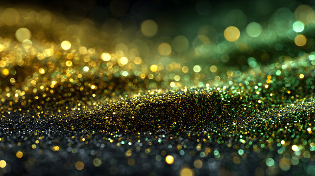 Green and gold glitter sparkling on dark black background festive shimmering luxury texture for elegant holiday party backdrop and glamorous celebration design