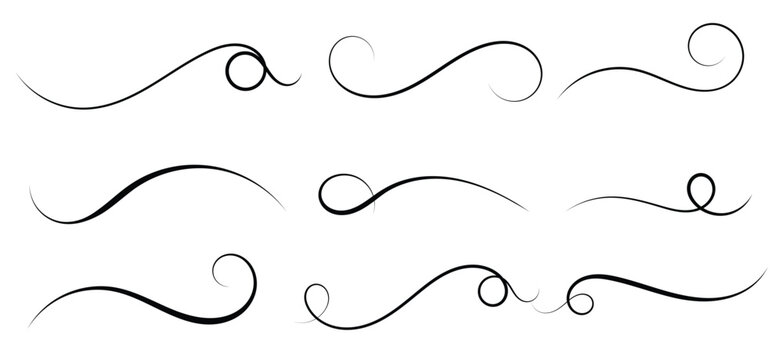 Curly black swooshes vector set. Calligraphy swirl. Elegant decorative flourishes and looping strokes. Modern swirl accents for typography, logos, and invitation design