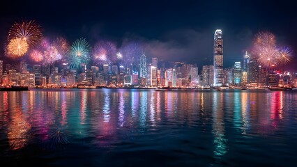 Fototapeta premium Breathtaking Hong Kong Skyline Fireworks Display at Night. Vibrant Cityscape Celebration reflected in Victoria Harbour, panoramic view.
