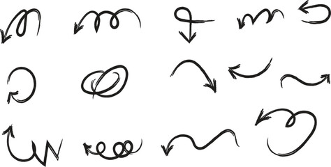Hand drawn arrow set with various styles and directions on white background