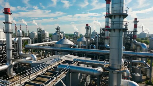 Aerial view of a modern industrial complex showcasing extensive piping and equipment under a clear sky