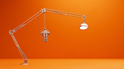 A silver microphone hangs from an articulated arm with a light bulb on an orange surface