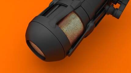 A sleek, modern black microphone with a gold mesh detail sits on an orange background