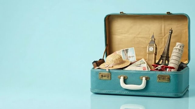 Open vintage blue suitcase packed with travel essentials like a straw hat, tickets, and miniature landmarks against a light blue background