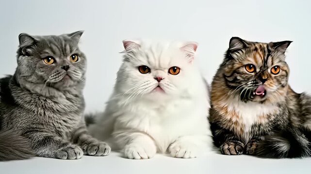 Purebred cats sit together in harmony on a pristine white surface, exuding tranquility and unity as their fur glistens under the light, capturing the concept of a curated collection where.
