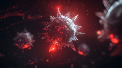 A menacing red virus particle glows ominously in a dark, abstract background