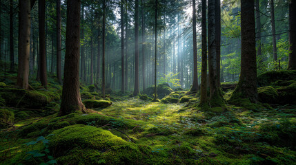 Sunlight streams through the lush green forest, creating a peaceful and enchanting scene for wellness retreats and nature-inspired marketing materials
