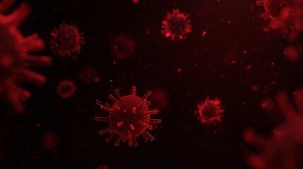Microscopic view of red coronavirus particles floating in the dark