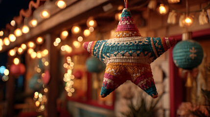 vibrant las posadas celebration decoration featuring a traditional star piñata hanging against a warm festive lights background showcasing colorful hispanic holiday decor and joyful mexican christmas