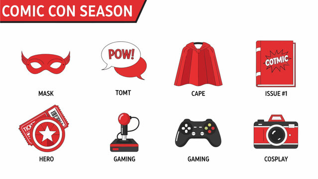 Collection of eight red and black icons related to Comic Con Season