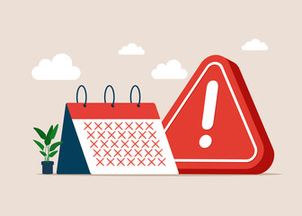 Calendar with exclamation attention sign. Reduce working day, Bankruptcy, dismissal. Flat vector illustration.