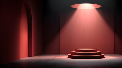 Red studio background. Abstract limbo podium studio room. Dark red gradient wall floor and spotlight scene. Showcase, promotion display. Mockup illustration New year, Christmas design