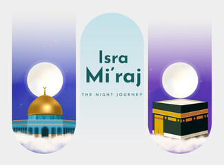 Isra Miraj 2026 Illustration with Dome of the Rock and Kaaba Under Full Moon for Islamic Night Journey Celebration