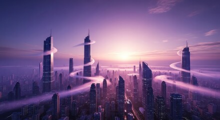 Futuristic metropolis bathed in twilight hues, with spiral energy pathways winding between the
