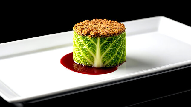 Haute cuisine, French feuille de chou farcie en cro&ucirc;te de noisette (stuffed cabbage leaf in a hazelnut crust), presented as a perfect cylinder with a red wine jus 