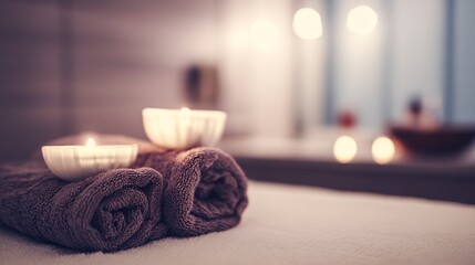 Two lit candles rest on soft, rolled towels in a spa setting