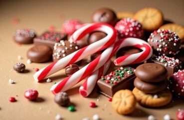 Candy canes with assorted chocolate confections and sprinkled festive cookies